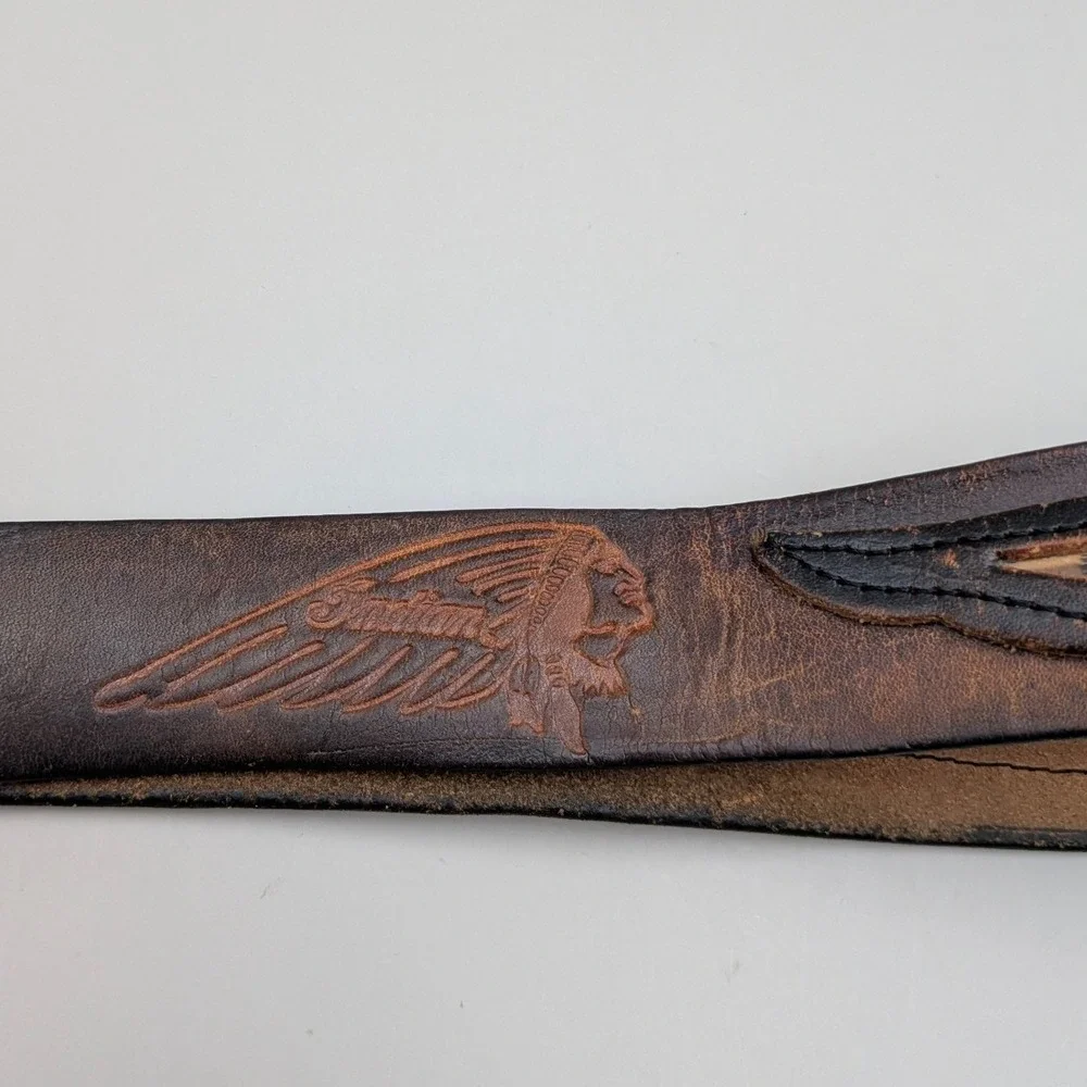 Vintage Indian Motorcycle Tooled Leather Belt Feather Buffalo Nickel Concho Sz34